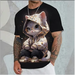 Men's T-Shirt Animation Style Cat With Hoodie Glasses Pattern 3D Printing Tees Short Sleeve T-shirts Oversized Men Clothing Tops