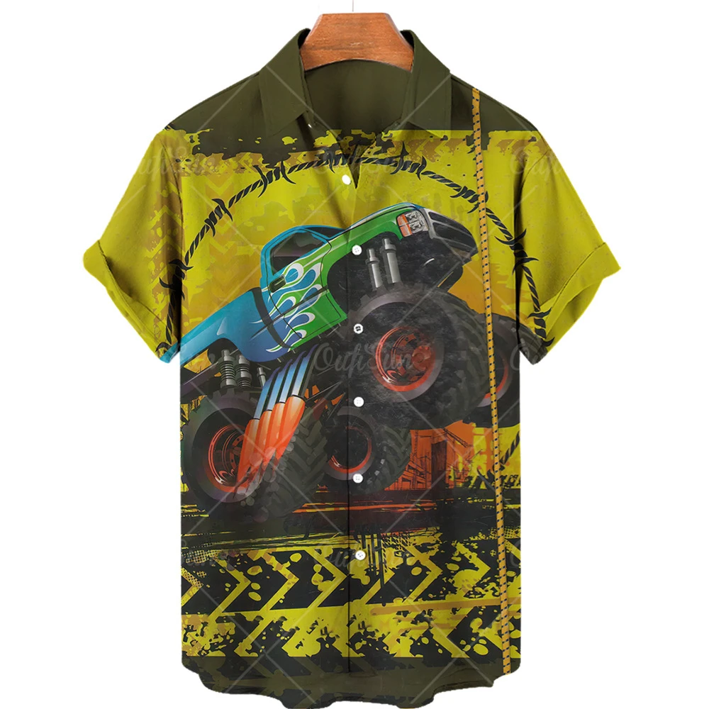 Vintage Hawaiian Men\'s Shirt 3d Car Print Short Sleeve Shirts For Men Classic Car Tee Shirt Men Clothing Oversized Racing Camisa