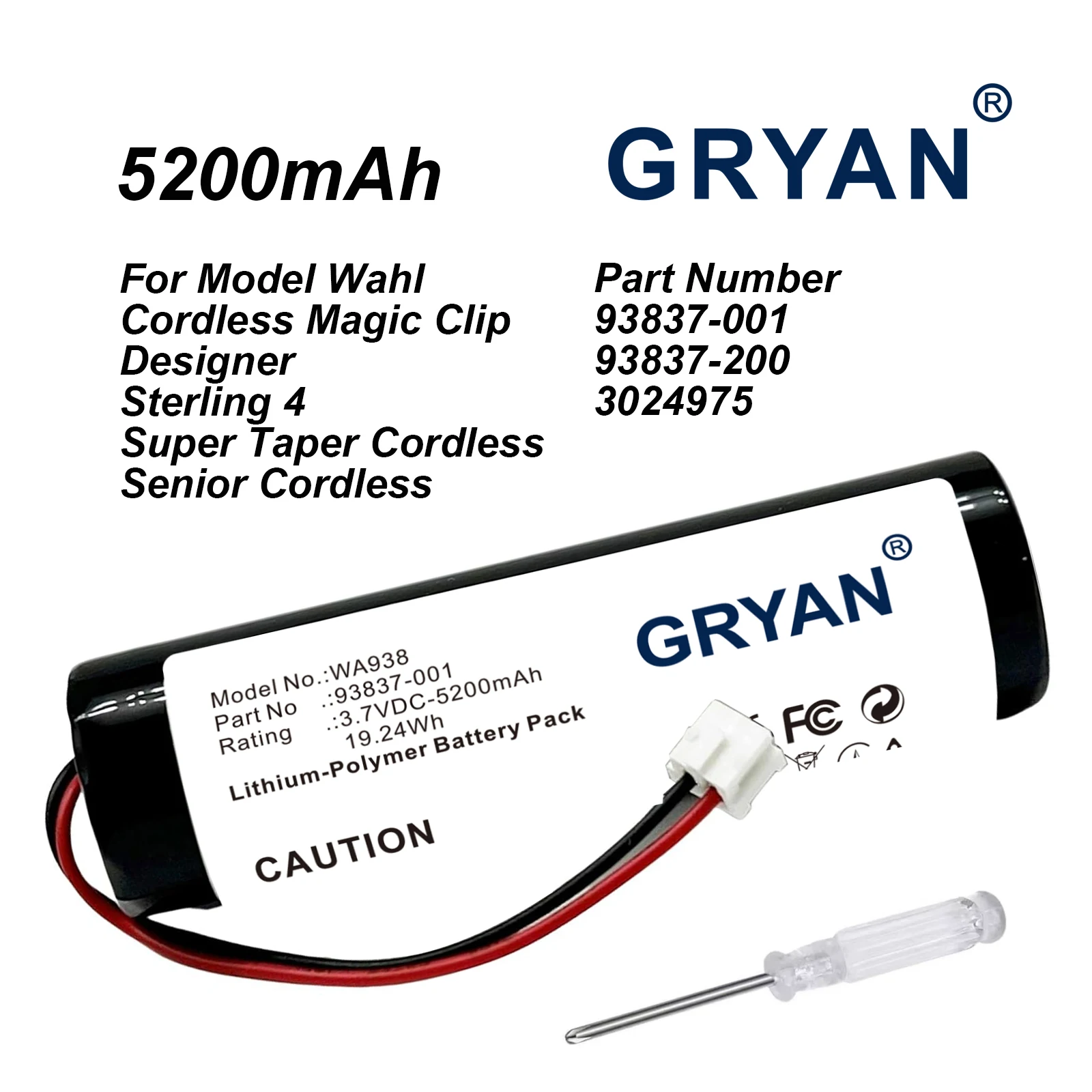 GRYAN 5200mAh Battery for WAHL Black Stealth Chrome Cordless Magic Clip Senior Sterling 4 Super Taper