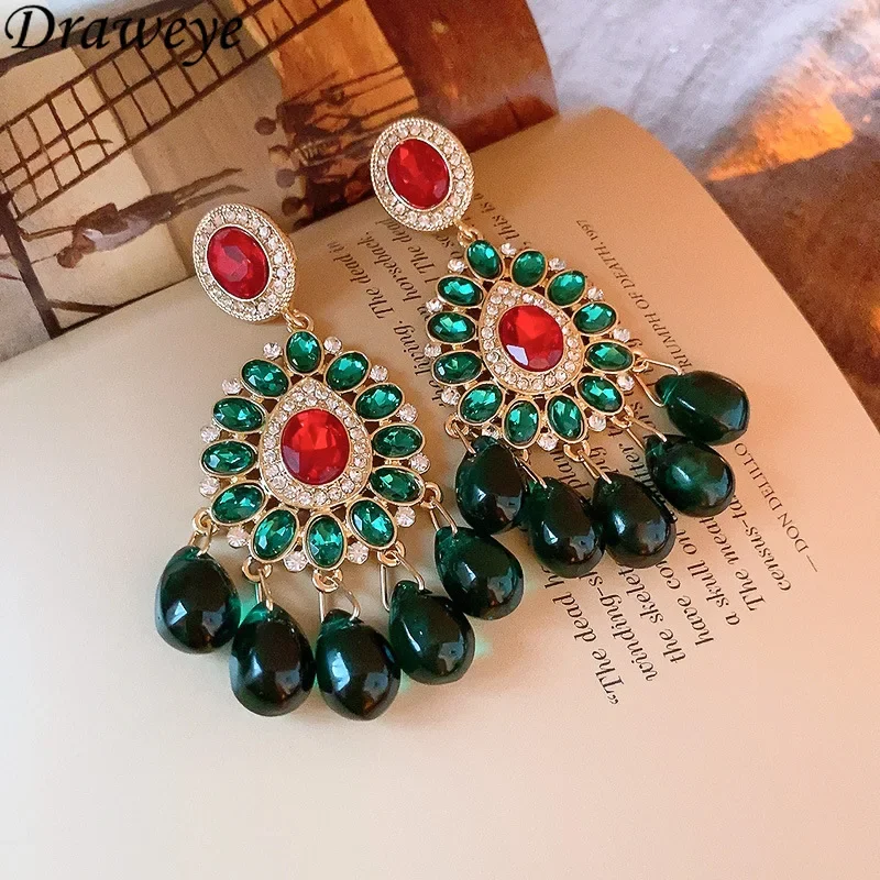 Draweye Waterdrop Tassels Earrings for Women Palace Style Vintage Hyperbole Banquet Jewelry Fashion Rhinestones Aretes De Mujer