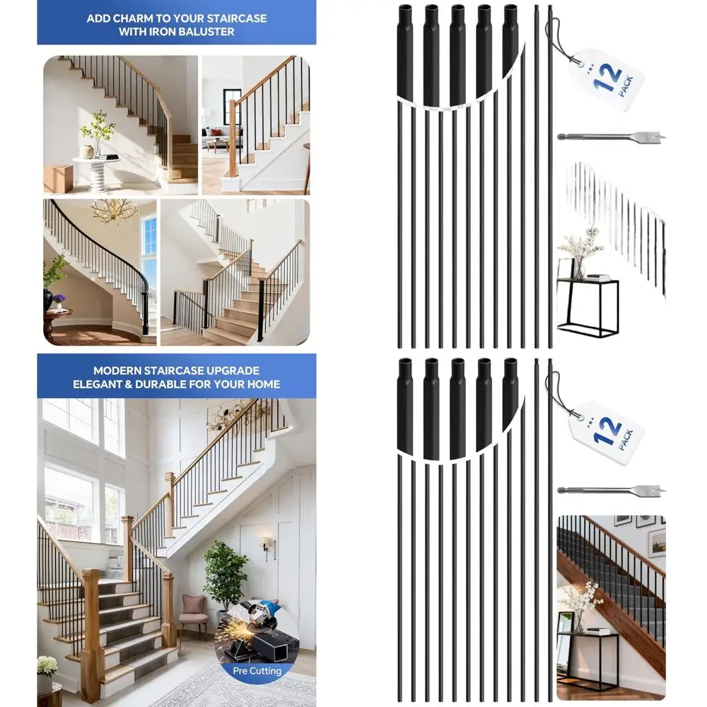 

Set of 12 Black Metal Square Hollow Balusters for Indoor Stair Railing, 44 Tall, 1/2 Diameter