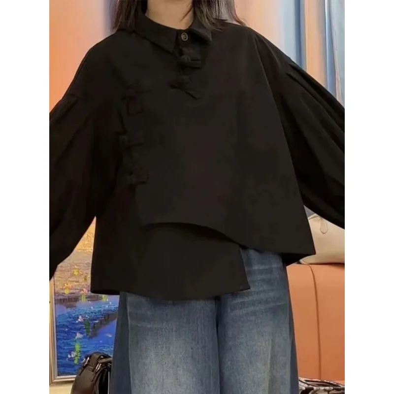 

Свободный топ на пуговицах с лацканами в китайском стиле в стиле ретро, повседневная нишевая рубашка, рубашка с длинными рукавами