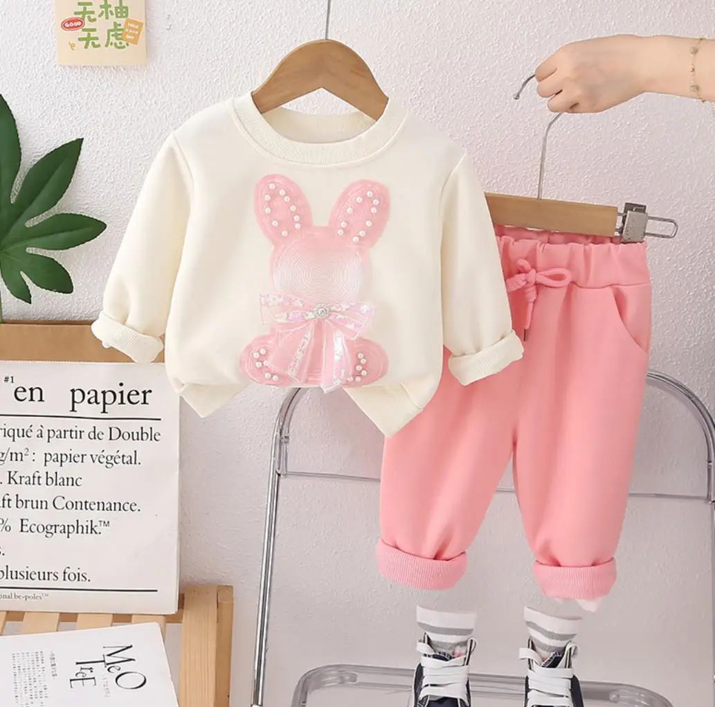 Infant Baby Clothing Suits Korean Style 6 To 18 Months Cartoon Pearl Rabbit Bow Long Sleeve T-shirts+Pants Toddler Girls Outfits