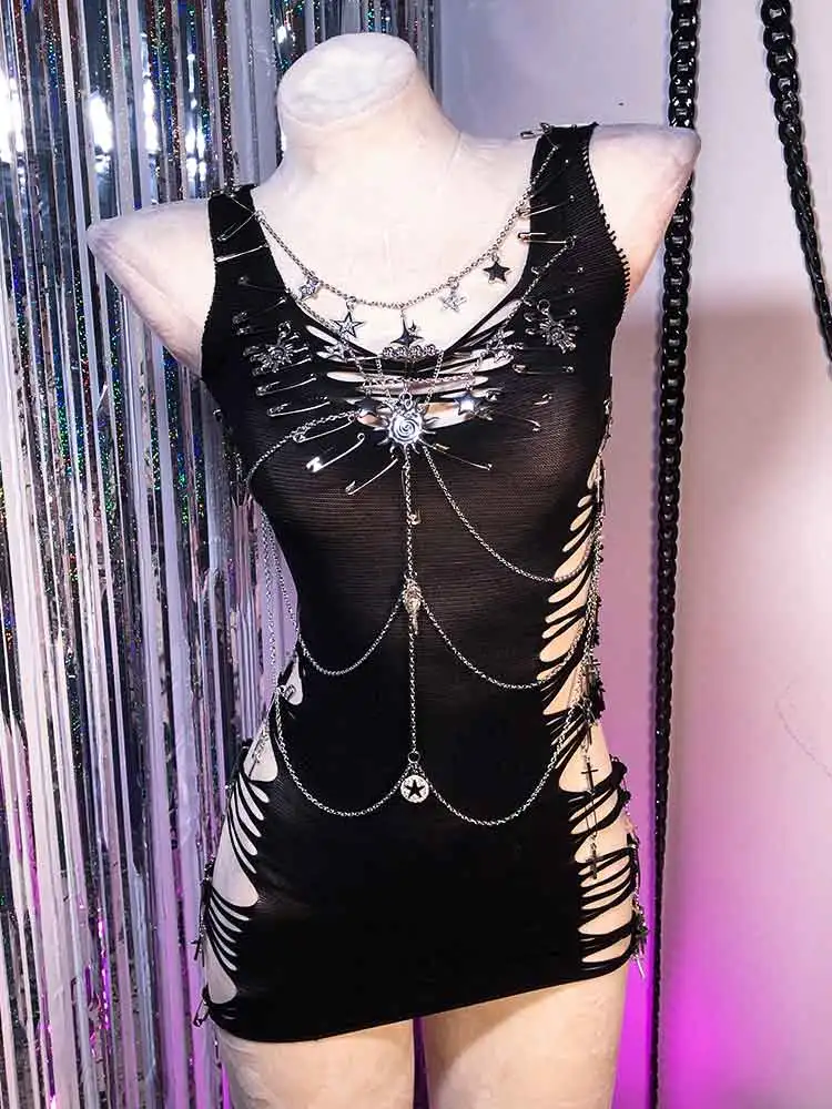 E-Girls Punk Rock 2025 Chain 90s Kawaii Eco Emo Hand Made Grunge Gothic Dress Pin Skull Harajuku DIY Y2K TOPS Teen Goth