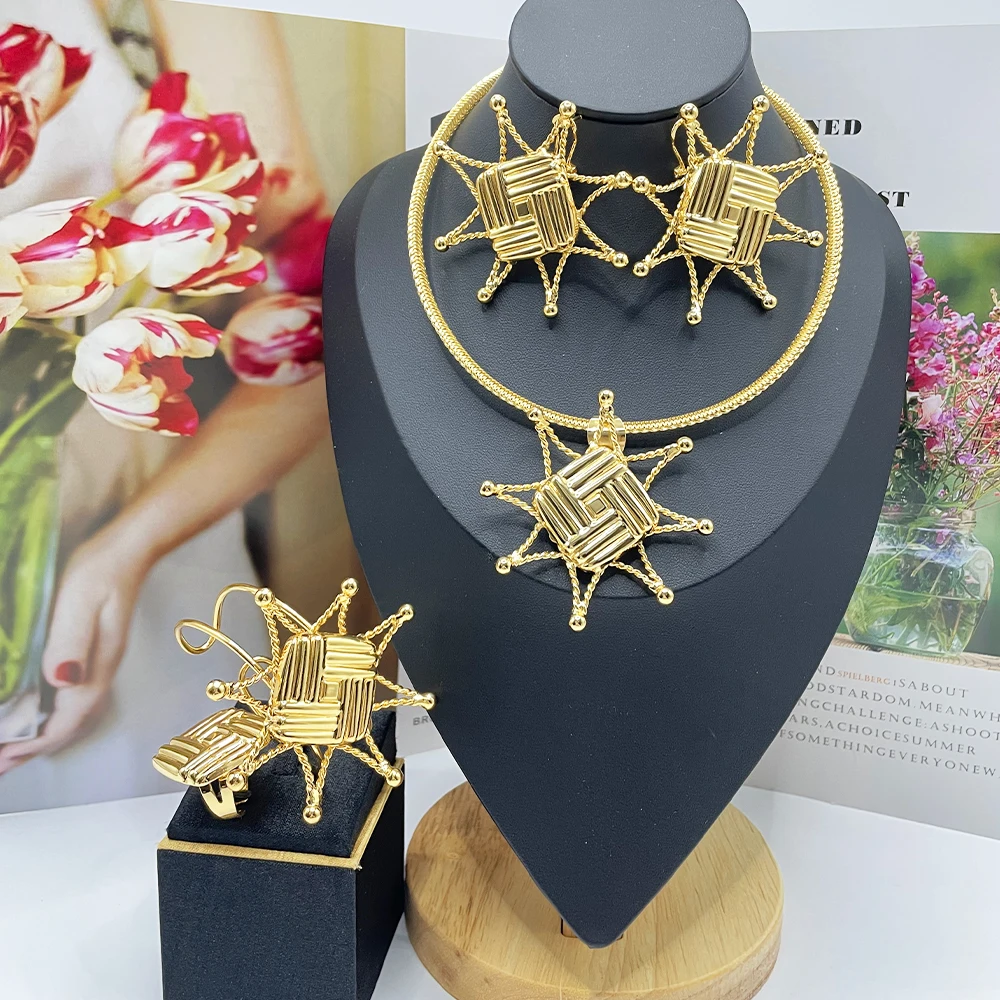 

Earrings Pentagram Jewelry Sets Rings Bangles Necklaces Trendy Golden Color Wholesale Fashion Sets Hot Sale Designs Accessories