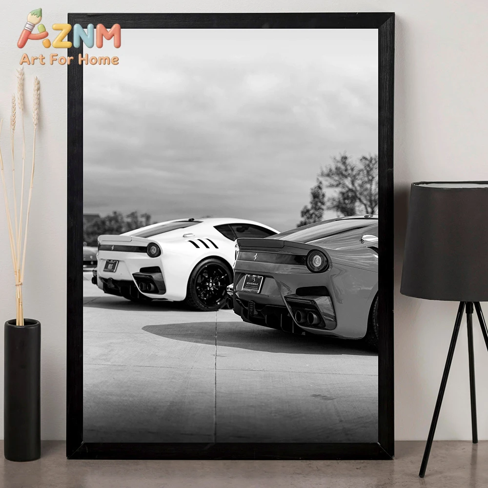 AZNM Ferrari F12 TDF Impresión de arte mural monocromática, póster de lienzo sin marco, detalle trasero del dúo de superdeportivos de lujo en blanco y negro f