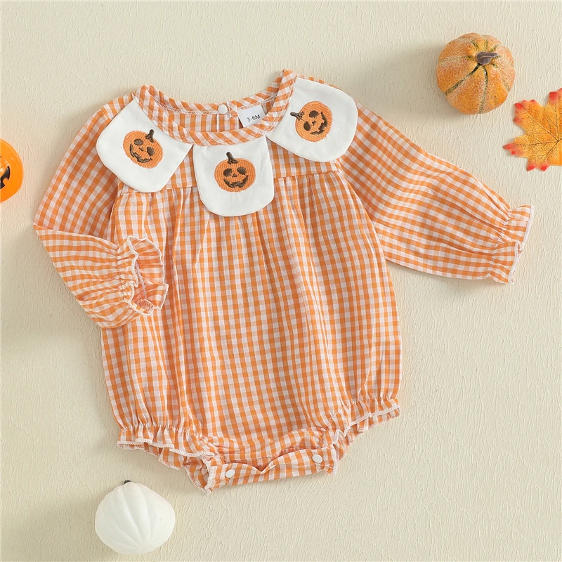 Baby Girls Rompers Halloween Clothes Pumpkin Embroidery Plaid Long Sleeve Bodysuits Jumpsuits Fashion Infant Newborn Clothes