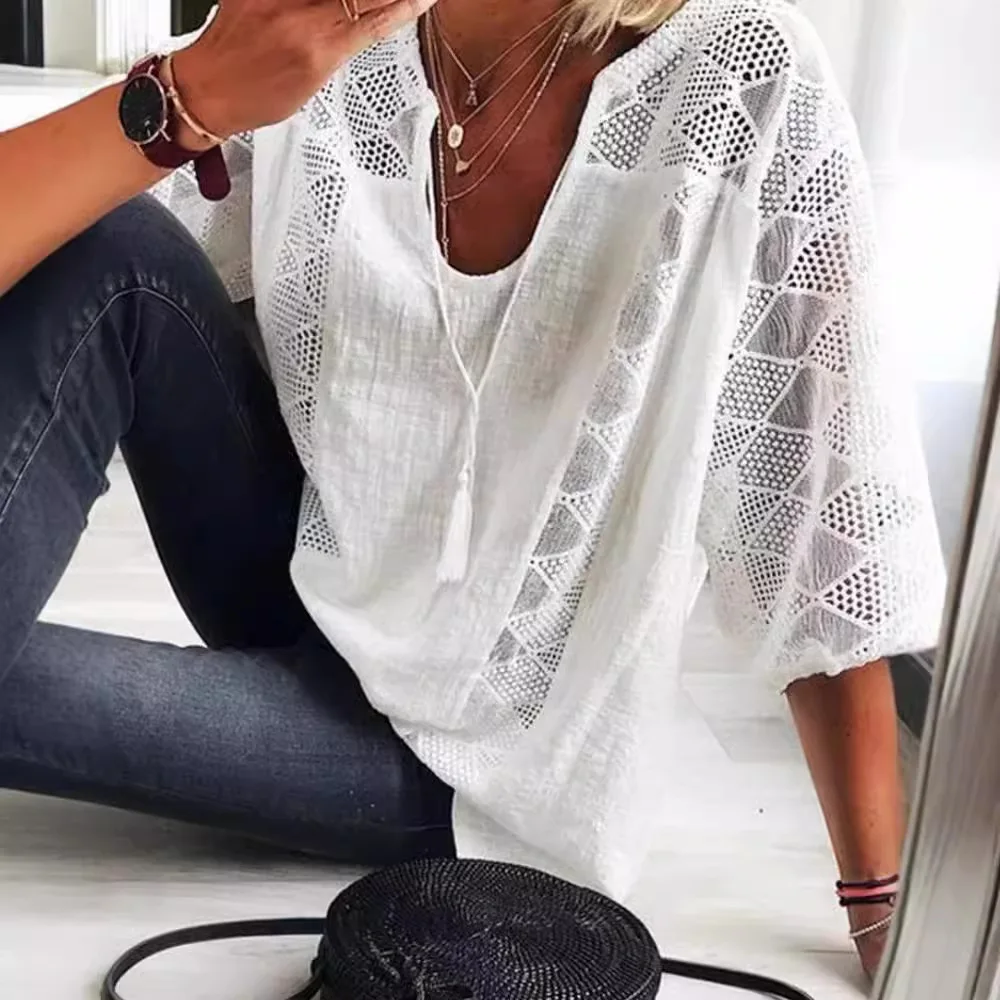 

Loose Lace Patchwork U-Neck Seven-Quarter Sleeve Top Wish New Style 2025 Cotton Women's T-shirt Regular Sleeve Pattern