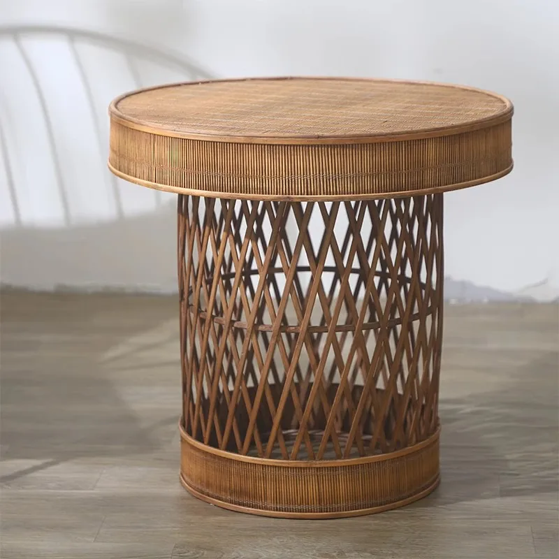 Handmade Bamboo and Rattan Weaving Craft round Tea Table Chinese Style