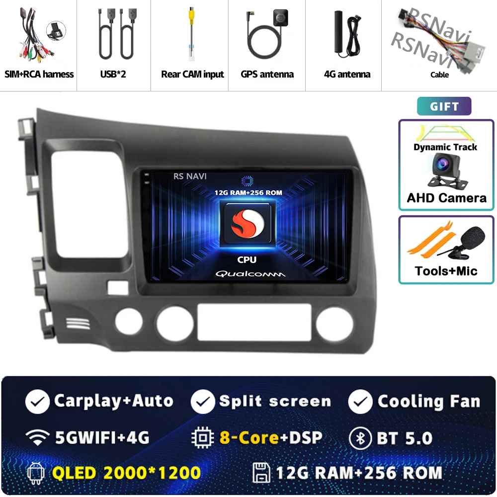 Android 15 Voor Honda Civic 8 FK FN FD 2005-2012 2K QLED Android Autoradio Multimedia Video speler GPS 4G CarPlay Stereo