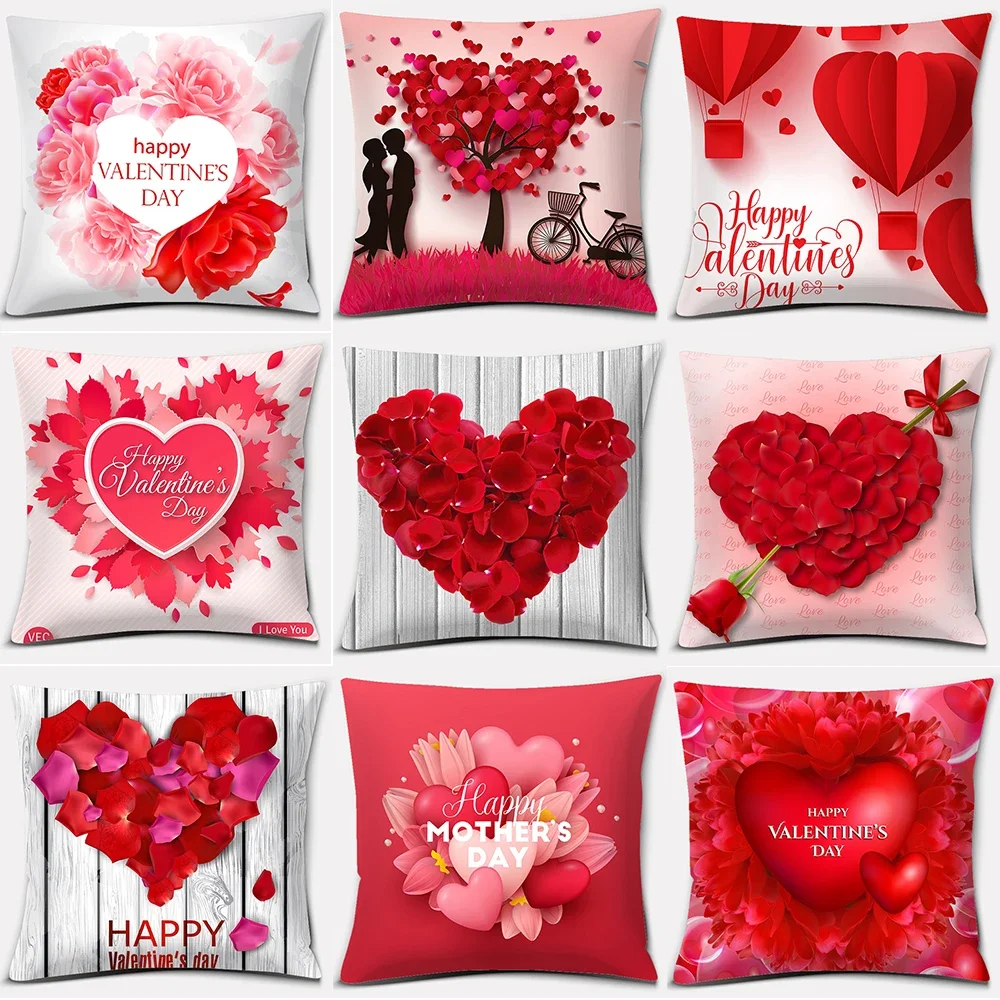 Valentine\'s Day Rose Romantic Love Print Pattern Cushion Cover Home Living Room Sofa Decoration Square Throw Pillow