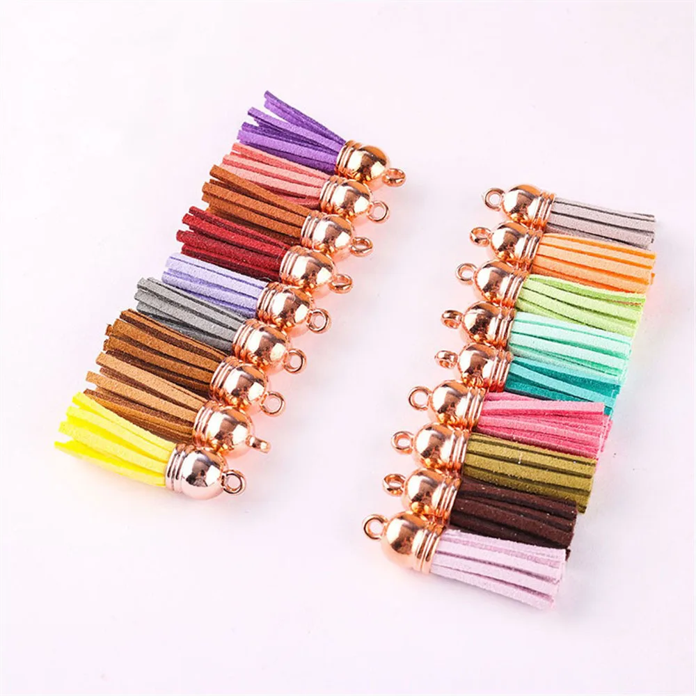 38mm Leather Tassel Charms Rose Gold Silver Cap Earring Fringe Keychain Pendant Straps Suede Tassels DIY Jewelry Accessories