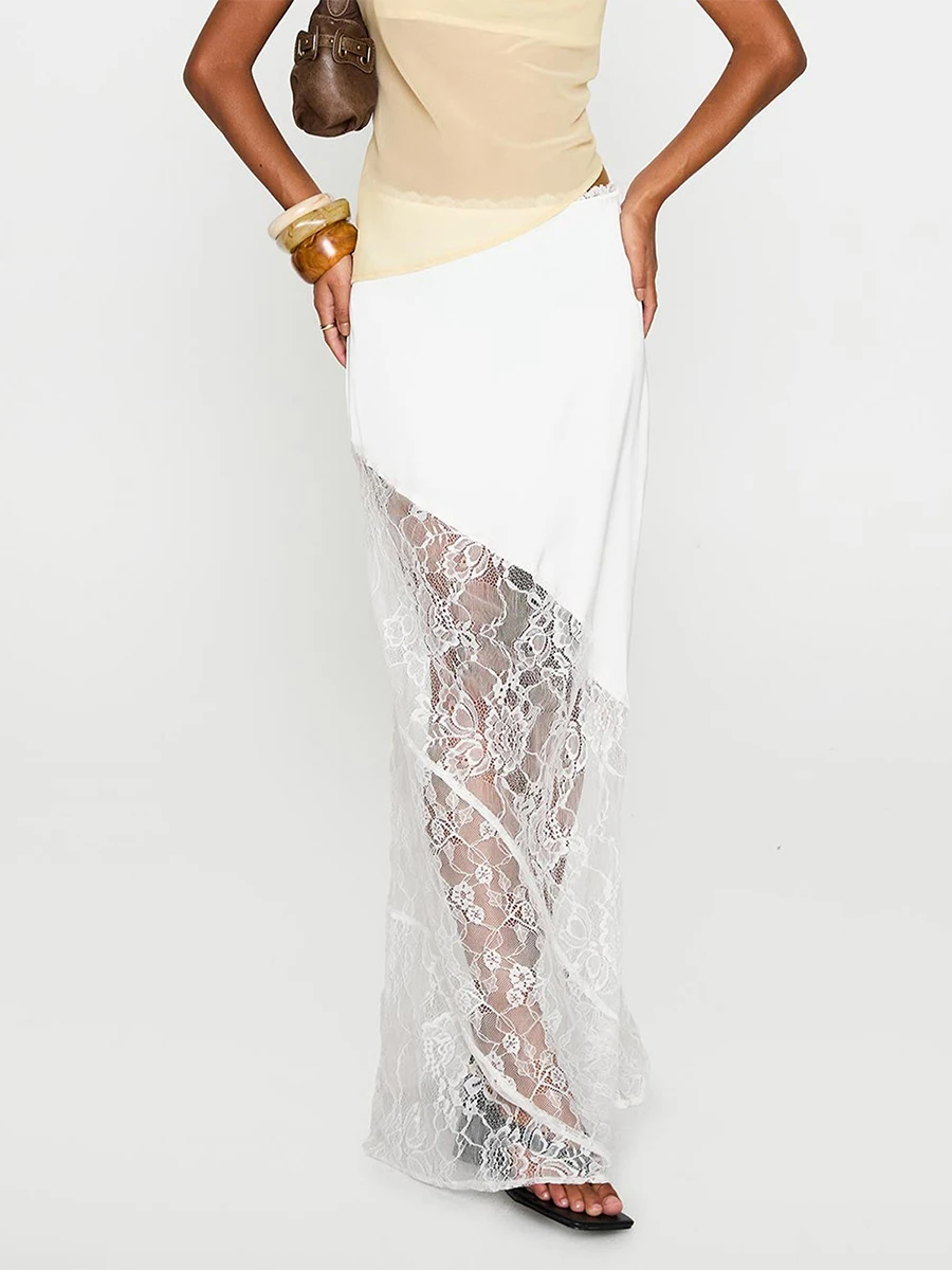 Women Sheer Lace Patchwork Skirt Sexy High Waist See Through Straight Long Skirts Y2K Stain Mesh Beach Vocation Cover-ups