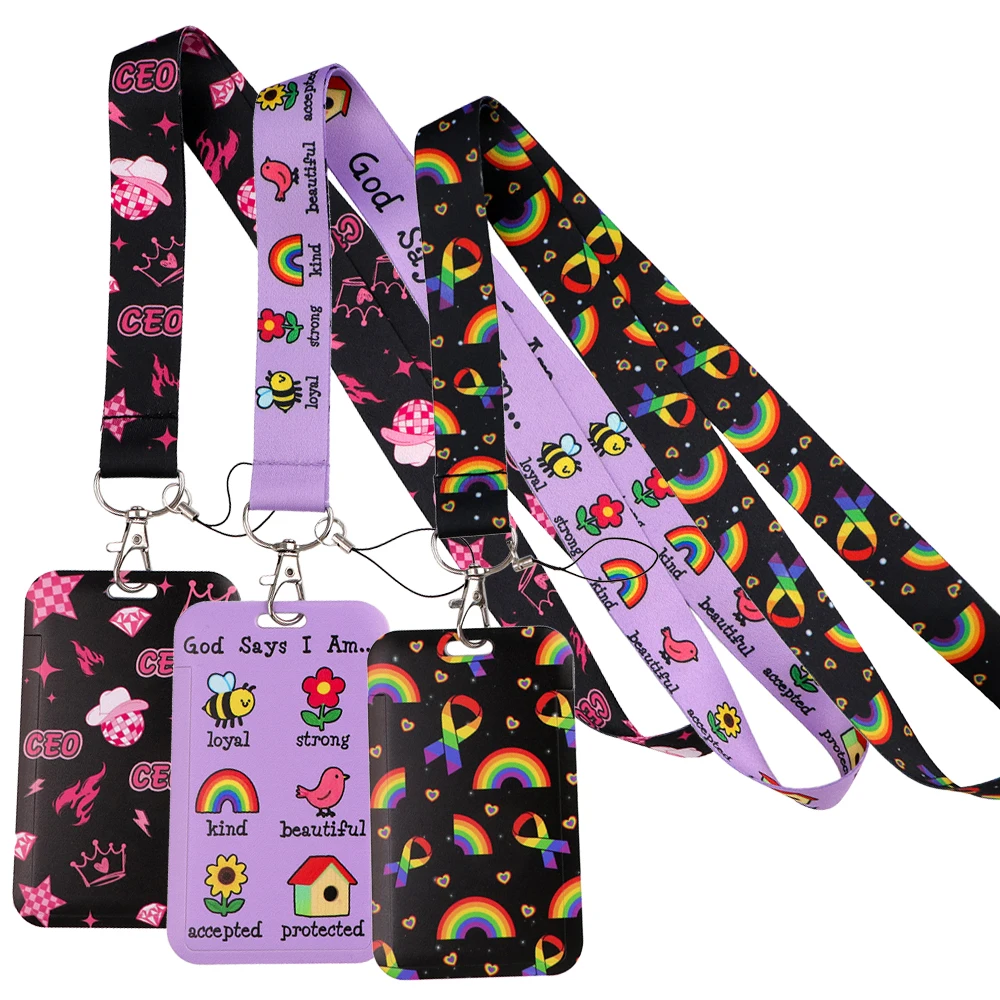 

Cute Rainbow ID Credit Card Cover Pass Women Men Mobile Phone Charm Neck Straps Badge Holder Key Ring Lanyard For Keys Chain