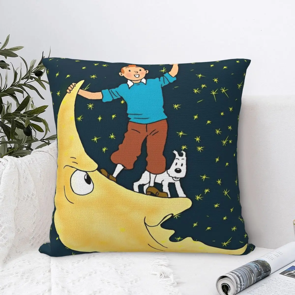 Tintins And Snowy Pillowcase Printed Fabric Cushion Cover Decorative Starry sky Pillow Case Cover Home Square 45*45cm Multi Size