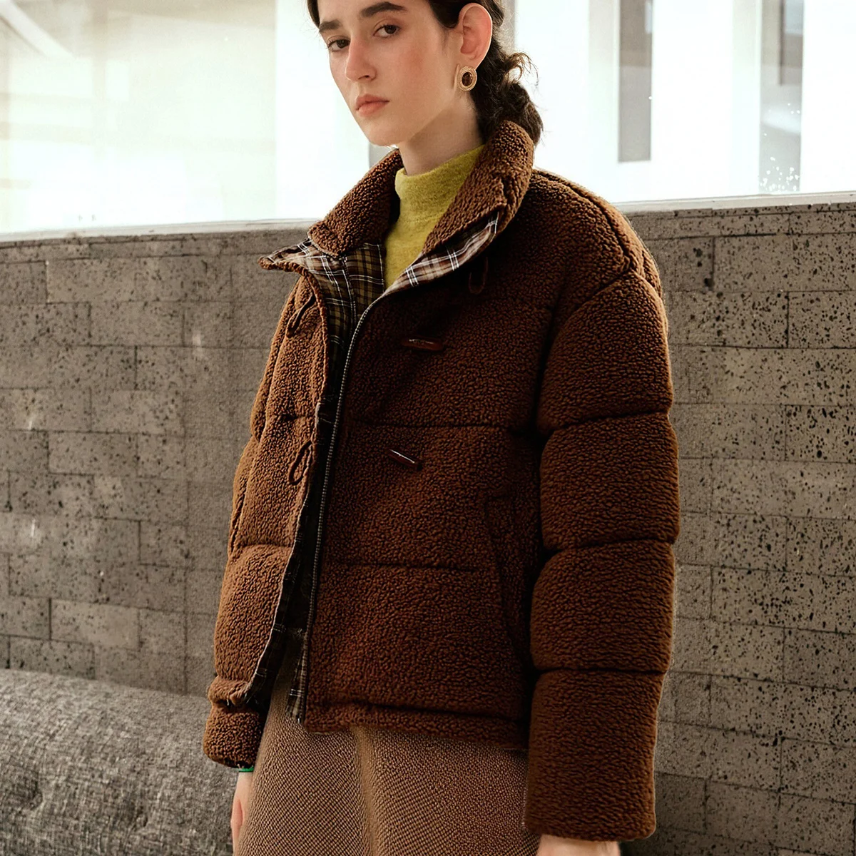 OLrain Women's Fashion Down Coats 2025 Autumn Commute Zipper Loose Fit Jackets Long Sleeve Plaid Patchwork Coats GO57DY000815