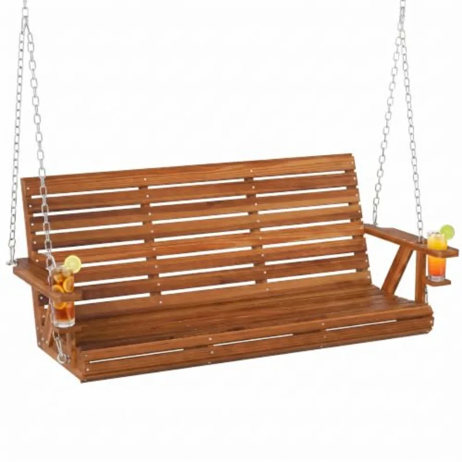 Upgraded wooden porch swing for outdoor use, natural wood finish, weather-resistant construction with 3-seater capacity and bui