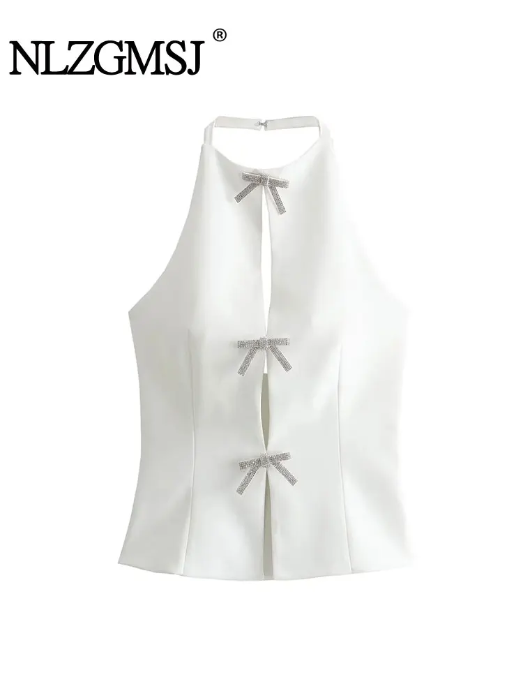 Nlzgmsj 2024 Top de verano para mujer, joyería con lazo, decoración, cuello colgante, Top sin mangas, Top Sexy con tirantes para mujer