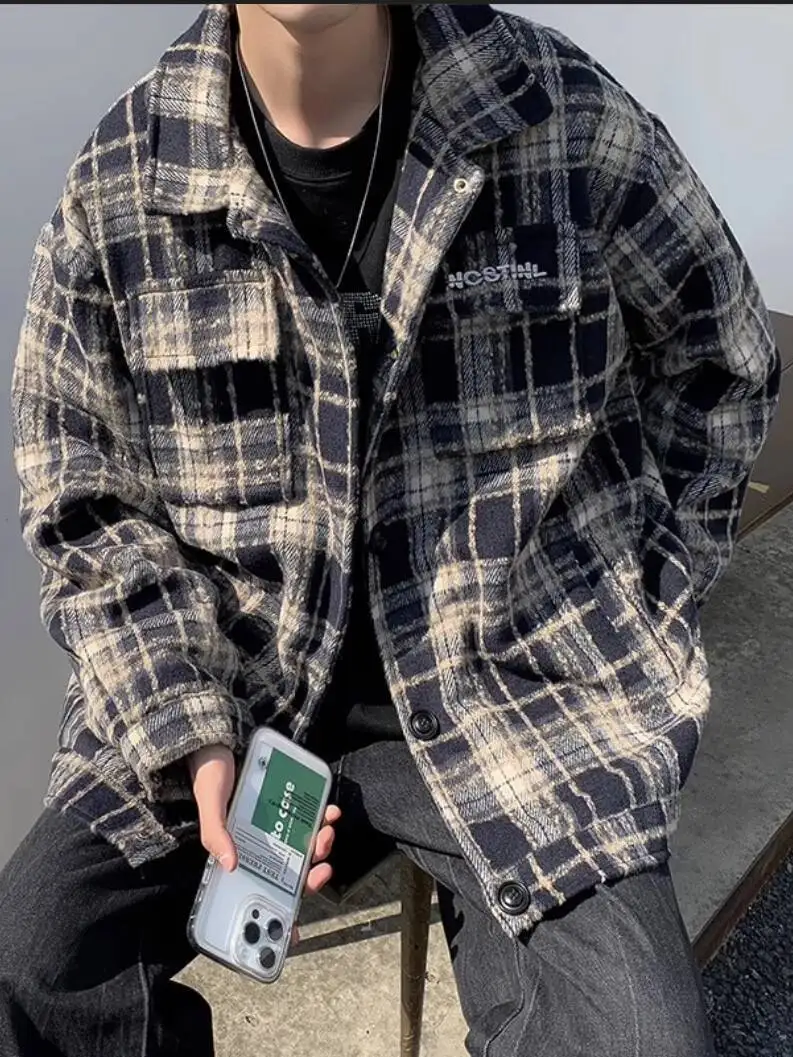 Men's Thick Shirts Jacket Autumn & Spring Retro Plaid Shirt Jacket Lapel Embroidered Brand Student Cool Street Wear Outerwear