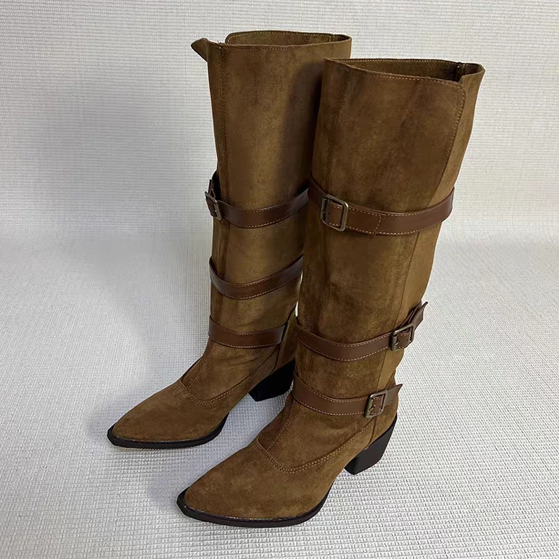 Winter New Knee High Women Boots High Heels Shoes Chelsea High Boots 2025 Trend Pointed Toe Pumps Warm Chunky Snow Botas Mujer