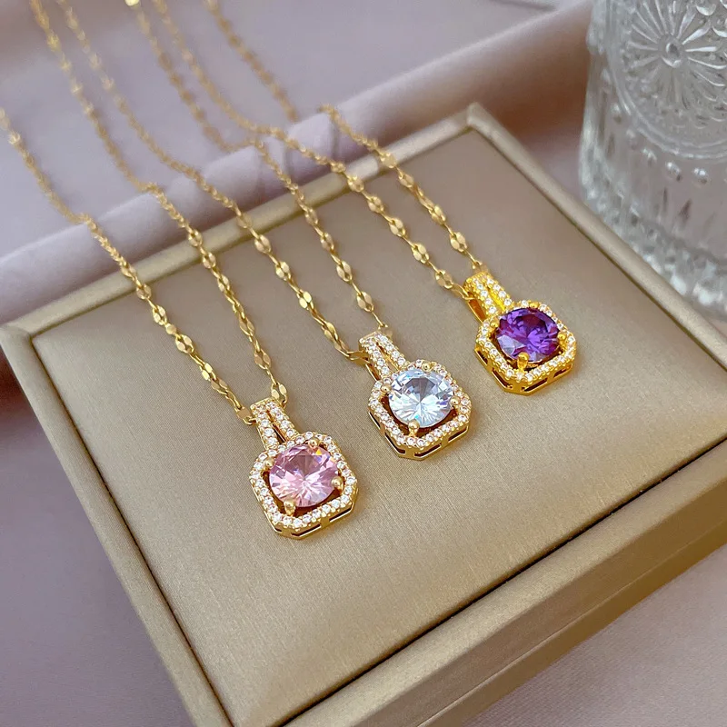 LUCKY99 Korean Fashion Geometric Square Full Smart Zircon Pendant Necklaces For Women Female Elegant Cute Party Jewelry Gift