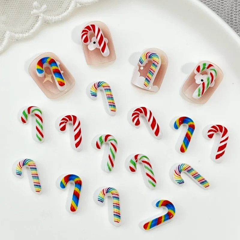 20pcs Christmas Cane Nail Charms Simulation Rainbow Candy Christmas Cartoon Resin DIY Nail Art Decor Accessories