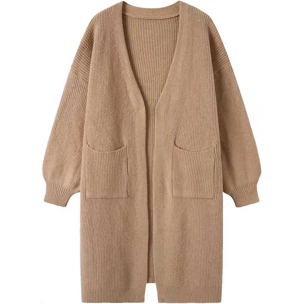

Fashion Solid Color Cardigan Sweater For Women In Autumn Winter New Casual Long-sleeved V-neck Loose Pocket Mid-length Sweater
