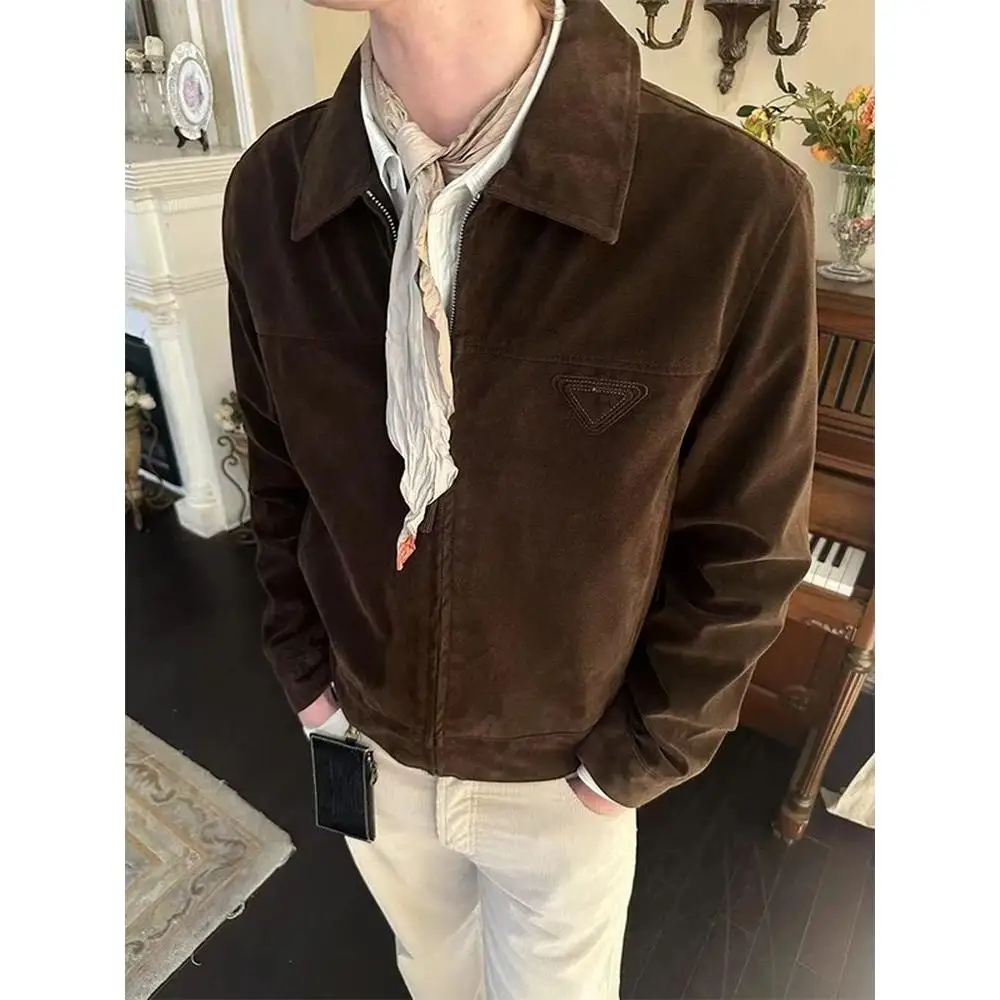 

Fall Winter Men's Jaet 2025 New Sle Haome Trendy Brand Suede Flip Collar Faionable Ci Casual Long Sve Zipper Po...