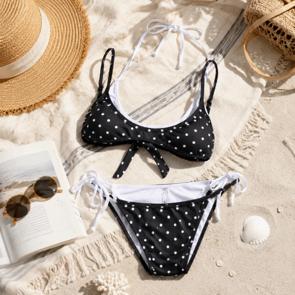 Push Up Polka Dot Halter Bikini Set Deep V Lace-up Ladies' Swimwear Low Waist Patchwork Women Swimsuits Casual