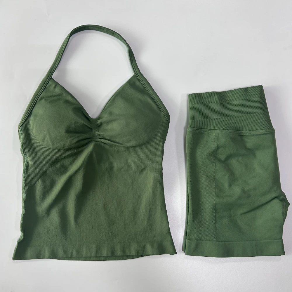 2-teiliges Fitness-Set für Damen: Rückenfreies Tanktop, High-Waist-Shorts mit Raffung, nahtlos, Sportanzug, Fitnesskleidung, Activewear, Workout-Set – Detail 14