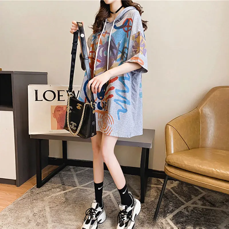 Korean Printed Loose Hooded T-shirt Female Casual Streetwear Midi Half Sleeve Pullovers Tops Summer Fashion Women\'s Clothing