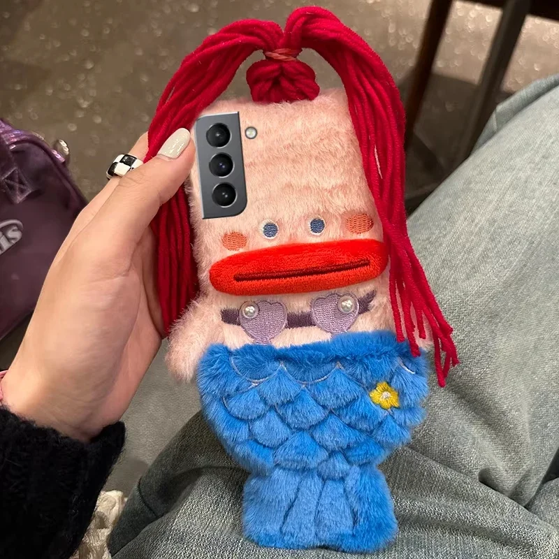 Phone Case for Samsung Galaxy A73 A72 A52 A35 A55 A54 A51 A12 5G Plush Cute Mermaid Girls Gift Fluffy Long  braid Hair Fur Cover