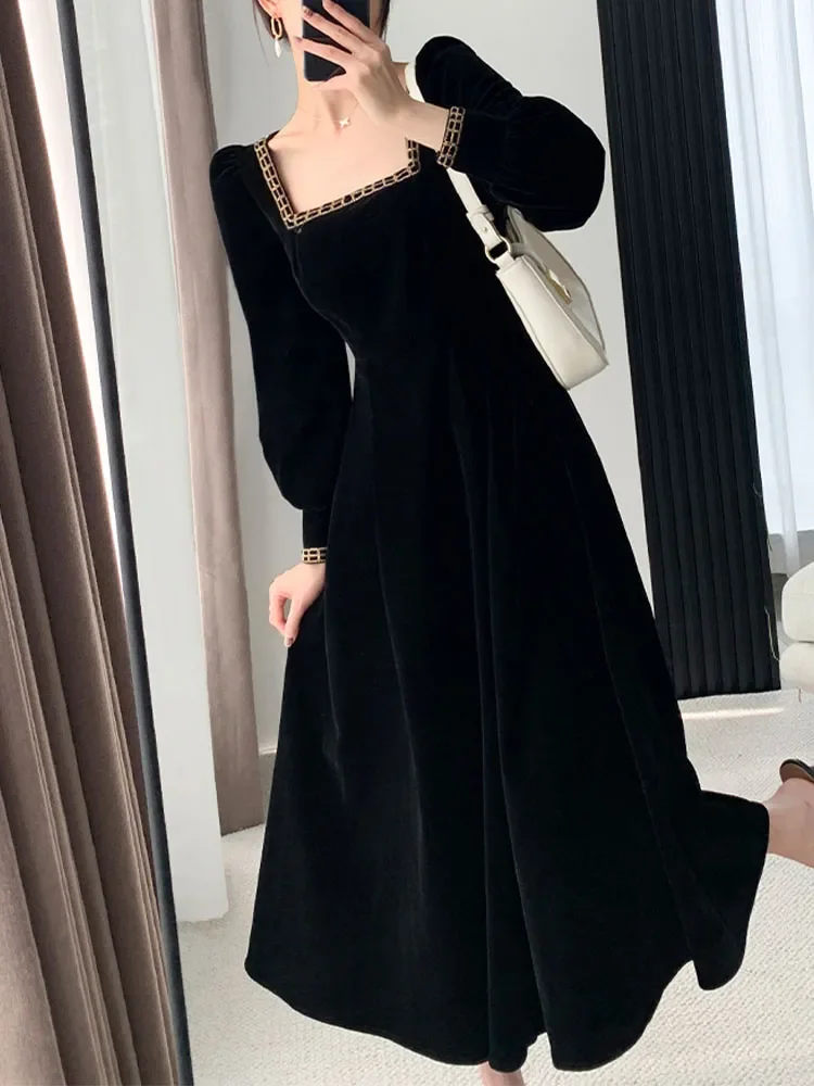 New French Vintage Elegant Dresses for Women Long Sleeve Streetwear Office Lady Solid Square Collar 2023 New Autumn Winte Dress