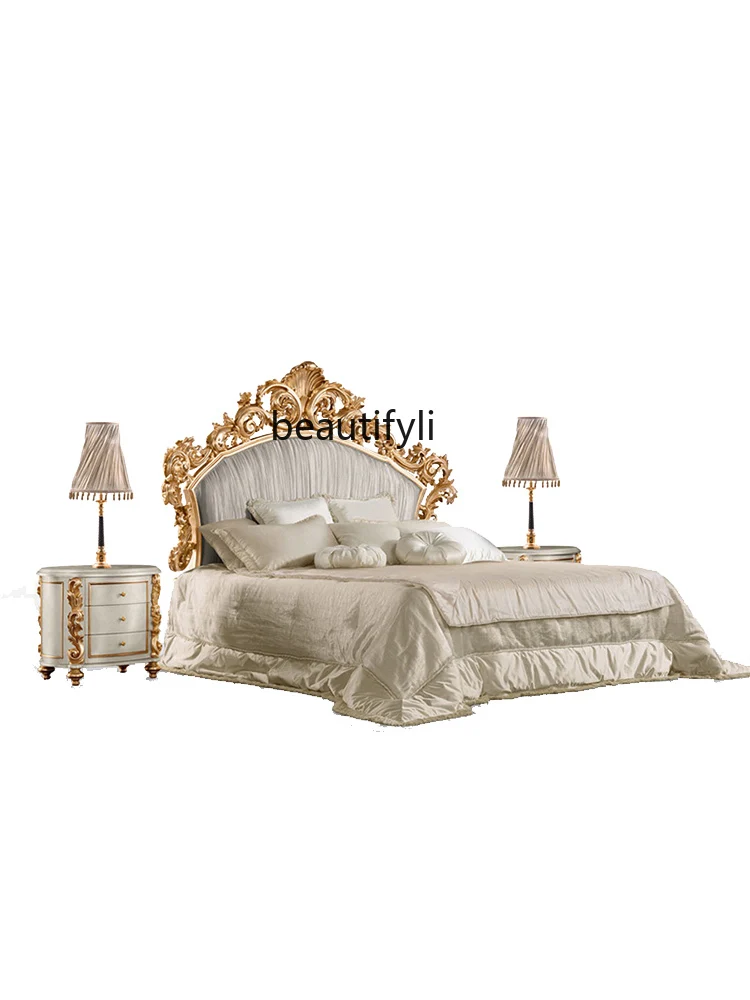 

French light luxury European double bed French solid wood carved fabric luxury wedding bed master bedroom 2 meters large bed