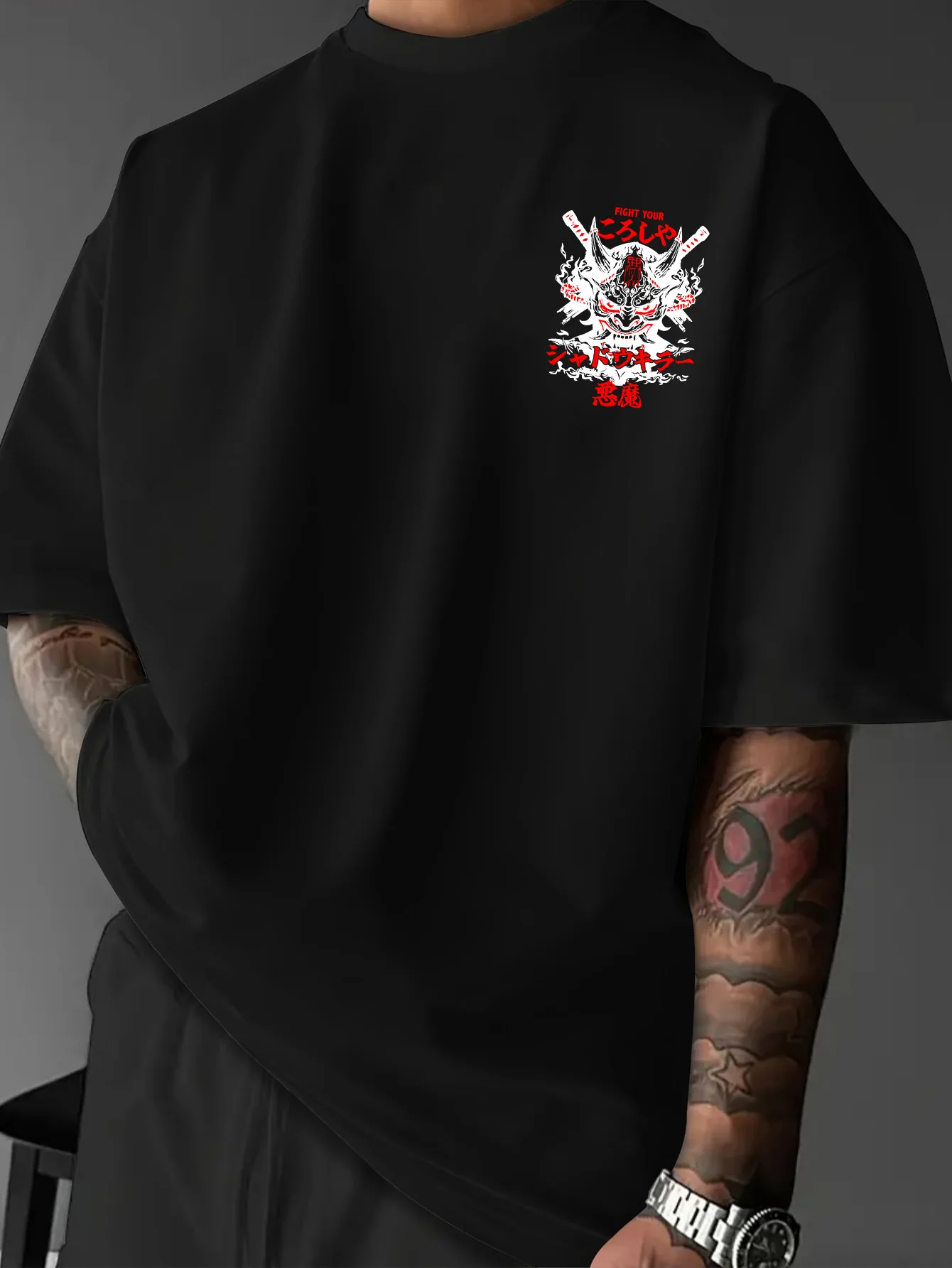 Men's Japanese Oni Demon Print T-shirt Oversized 100% Polyester Samurai Streetwear Graphic Tops S-XXL