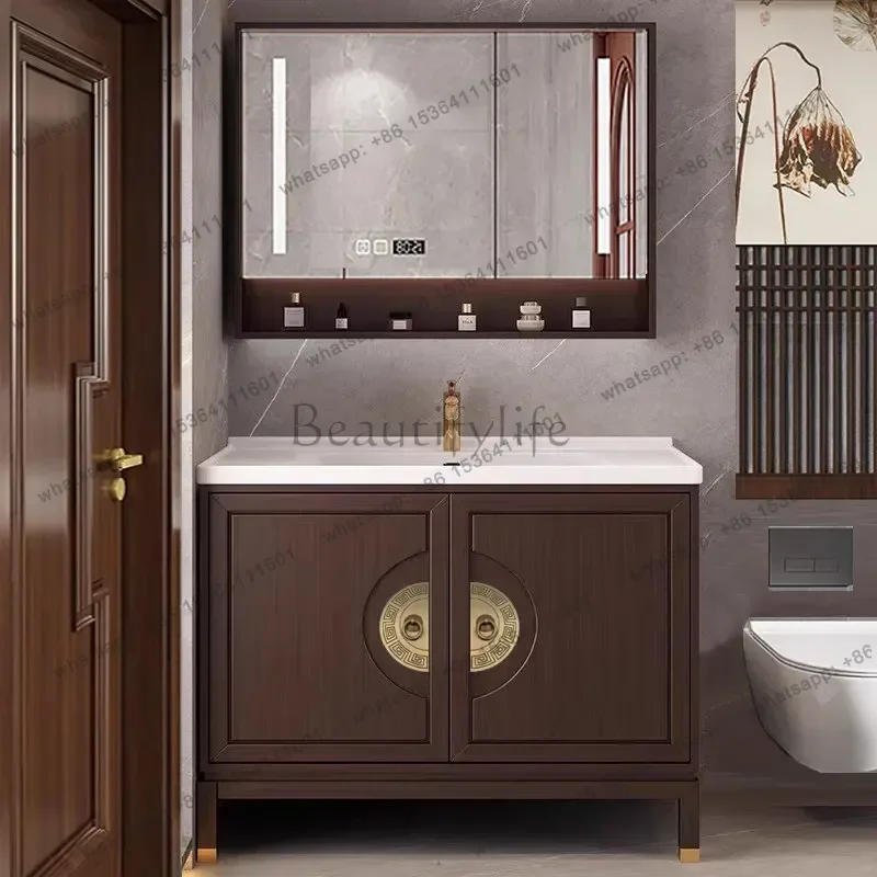 Modern Chinese oak bathroom cabinet ceramic integrated basin combination medium and ancient style rock slab washing table