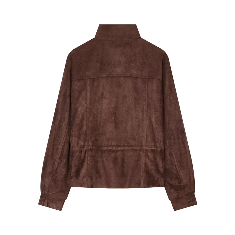 FANAN Guobioziy Women's Jacket 2026 Fall New Style Brown Long-Sleeve Pocket-Decorated Suede Drawstring Waist Jacket Parka