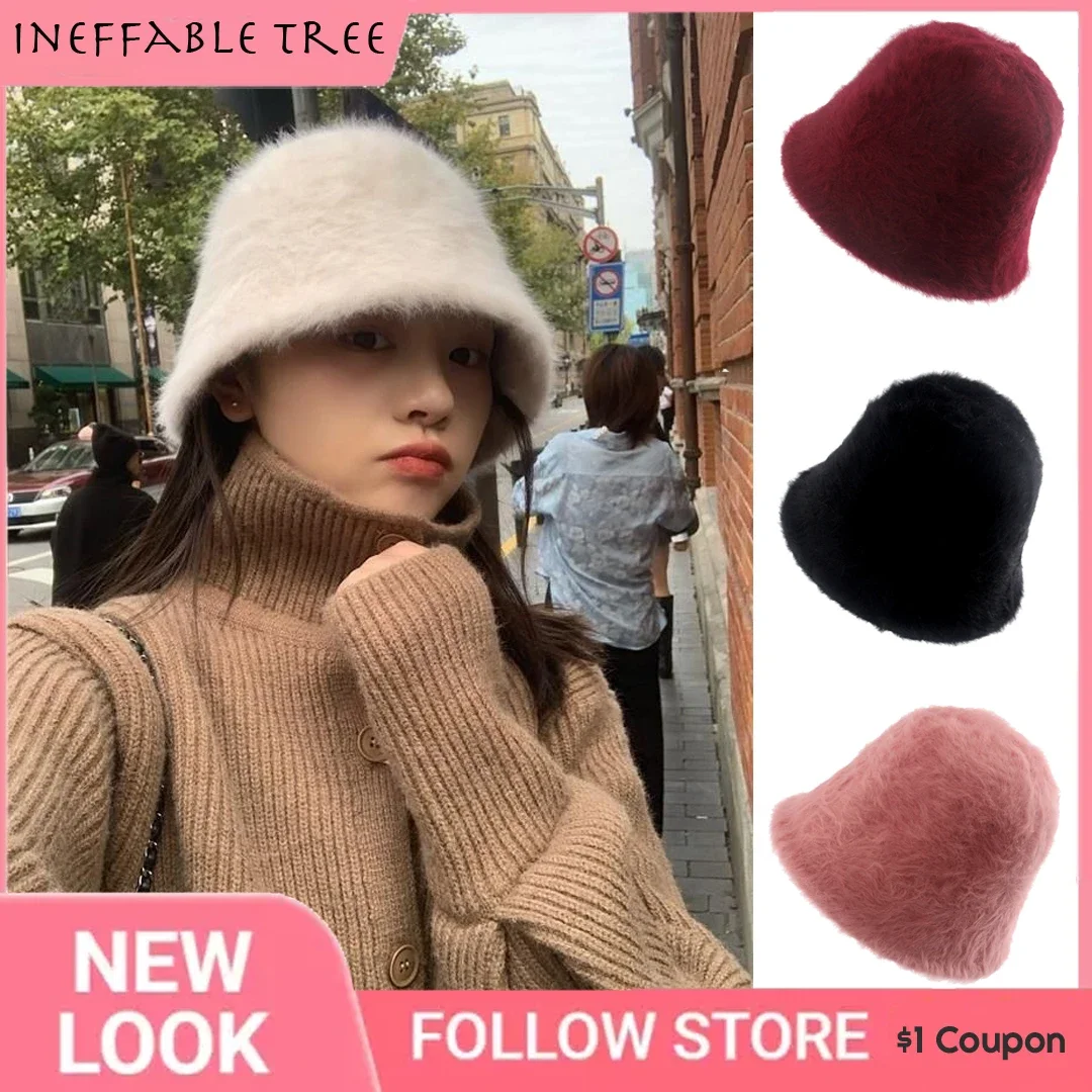 

2023 Artificial Rabbit Fur Bucket Hat Women Autumn Winter Warm Thickened Fisherman Panama Plush Basin Gorro Lady Cap