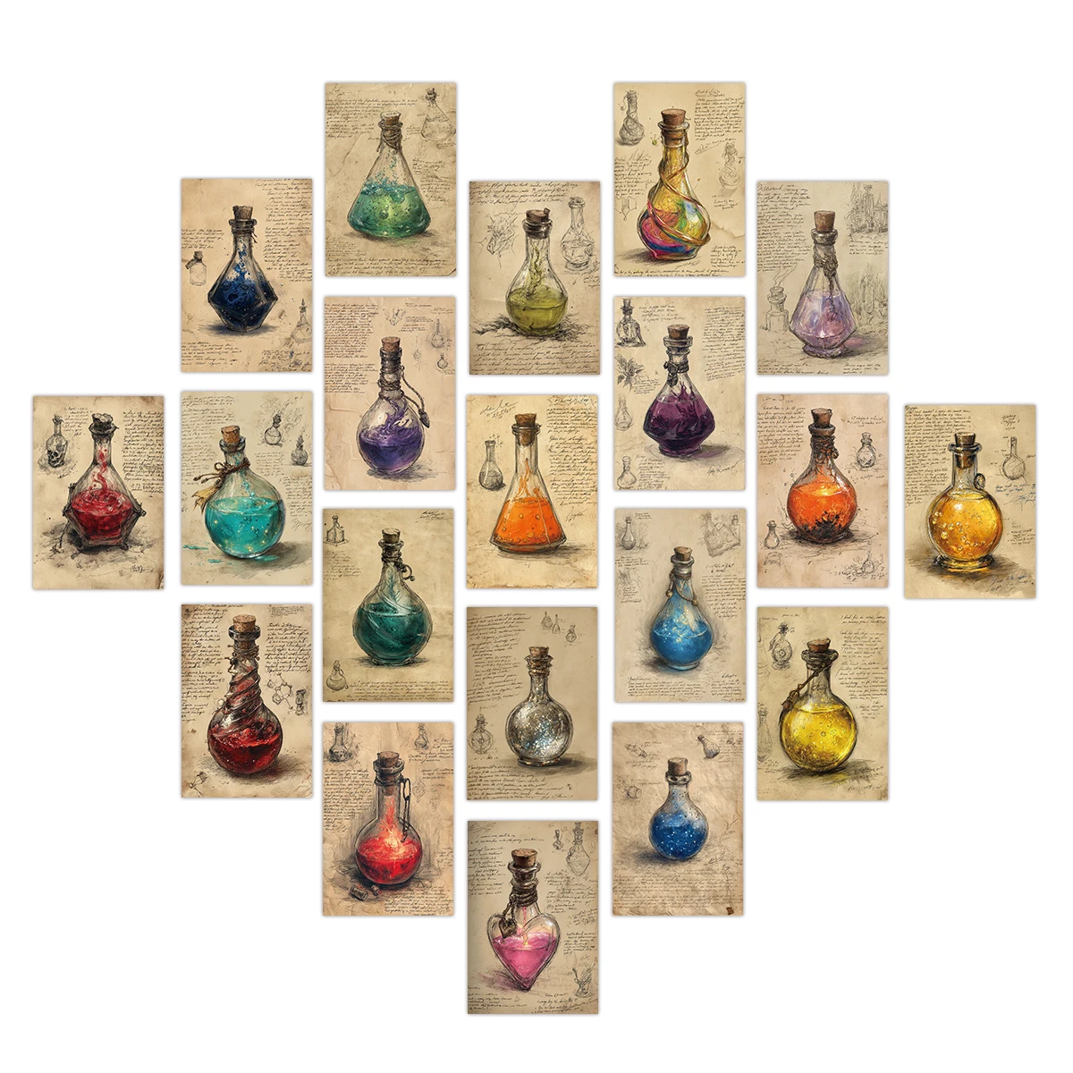 20 cartes postales rétro en forme de bouteille de potion magique, autocollants muraux illustrés sur le thème de la fantaisie pour la décoration de chambre sorcière, étiquettes cadeaux, invitations de fête