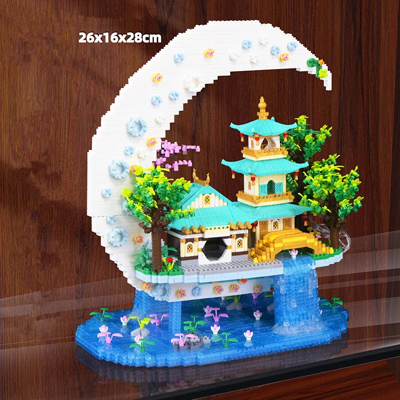 Creative Moon Legend Waterfall Pond Castle Tree House View Set City Model Building Blocks Bricks Toys For Children Adult Gift ﻿