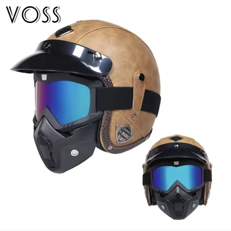 

Brown Lens Pu Leather Vintage Half Helmets Motorcycle Biker Cruiser Scooter Touring Helmet (M, Brown) Goggle CE DOT