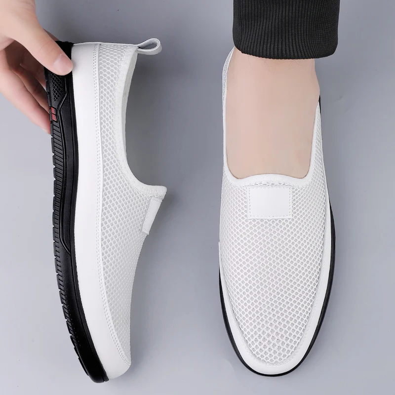 Summer Breathable Mesh Men Casual Shoes with Soft Sole Anti Slip Hollow Out Lightweight Middle-aged Commuting Walking Shoes