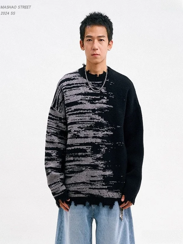 

Теплый зимний вязаный свитер с круглым вырезом для мужчин, с бахромой, повседневный, в стиле колор-блок, универсальный, молодежный, модный