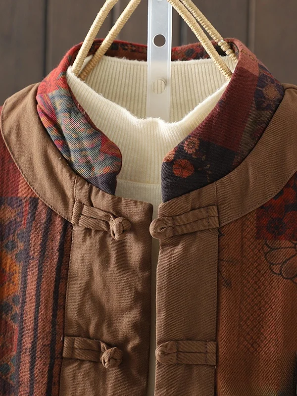 

New Chinese Sle Cotton Jaet Women Winter Thiened Warm Slim Cheered Loose Cotton Coat Outerwear Floral Print Stand Collar