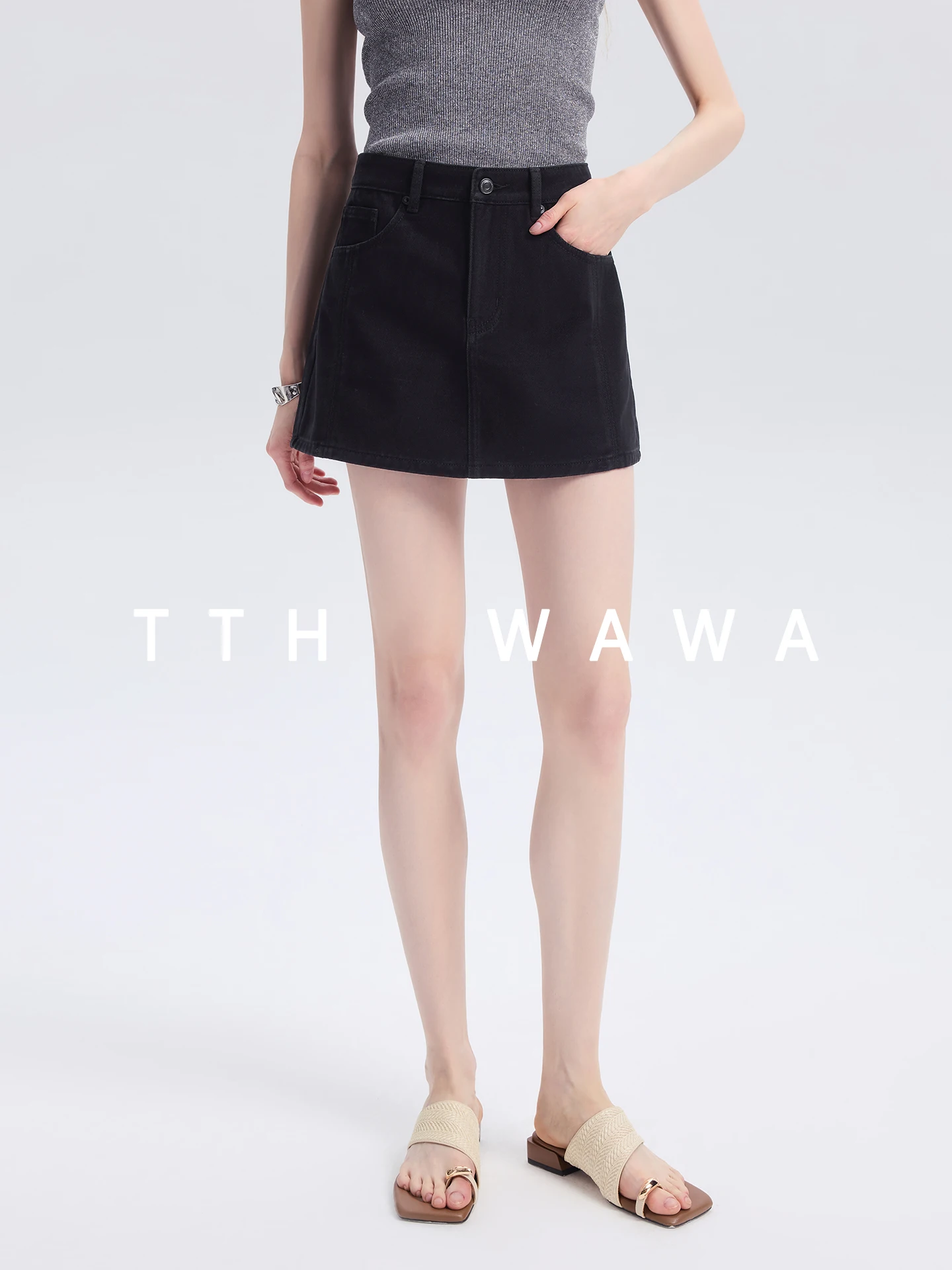 

Юбка TTH WAWA с высокой талией, А-силуэт, черная джинсовая, женская, летняя, модная, укороченная, дышащая, из хлопка, повседневная