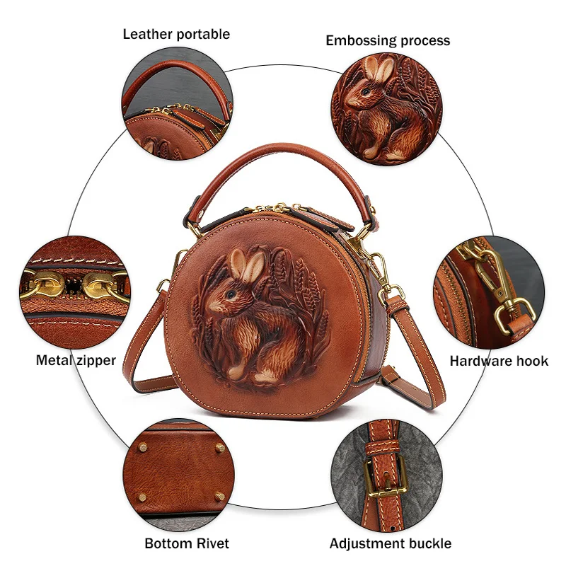 MOTAORA 2025 New Retro Round Women's Genuine Leather Handbags For Ladies Luxury Designer Rabbit Embossed Shoulder Messenger Bags