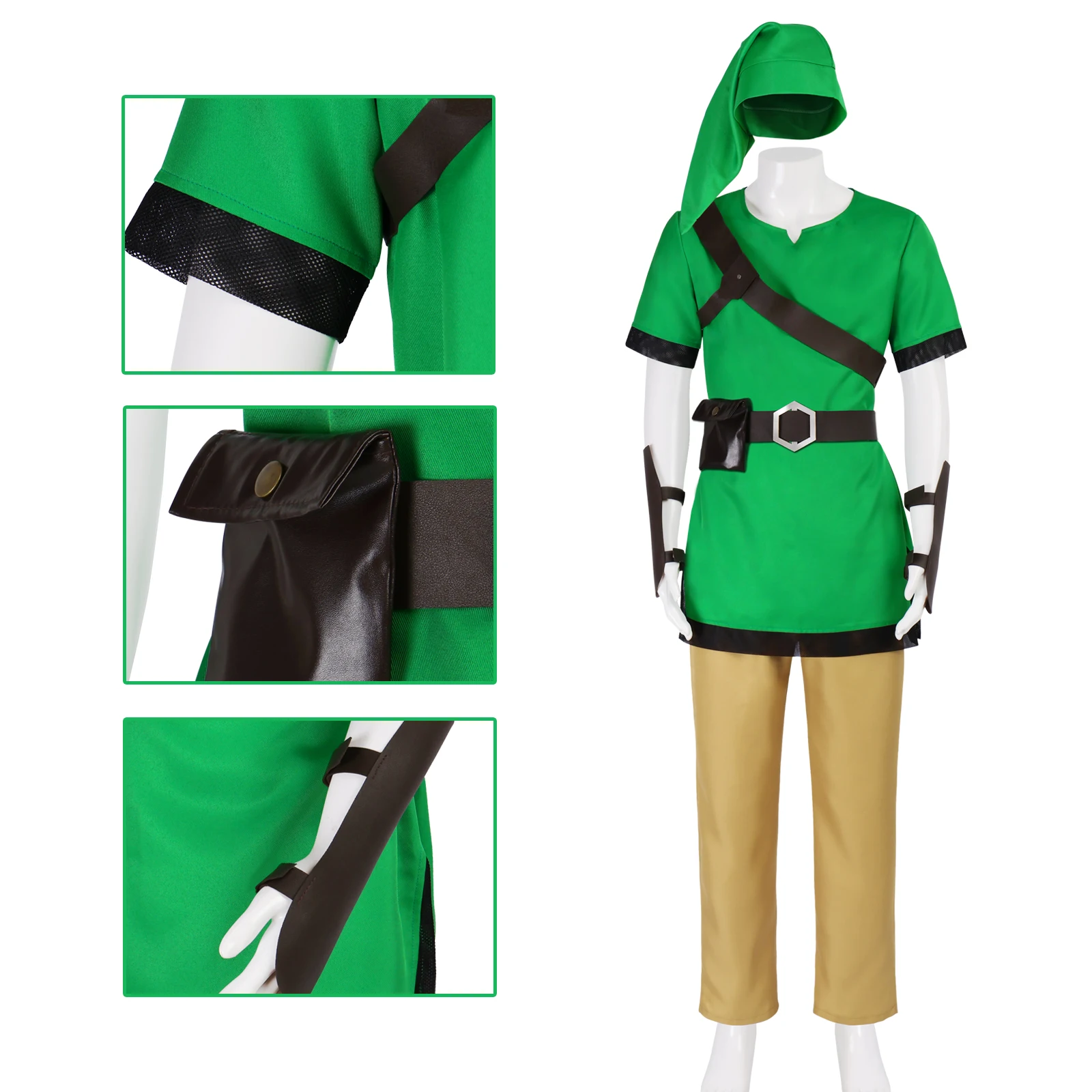 クラシックリンクコスプレ衣装セット ゼルダの伝説 グリーンチュニック ブラウンパンツ ベルト ハット ハロウィン アニメイベント パーティーコスプレ