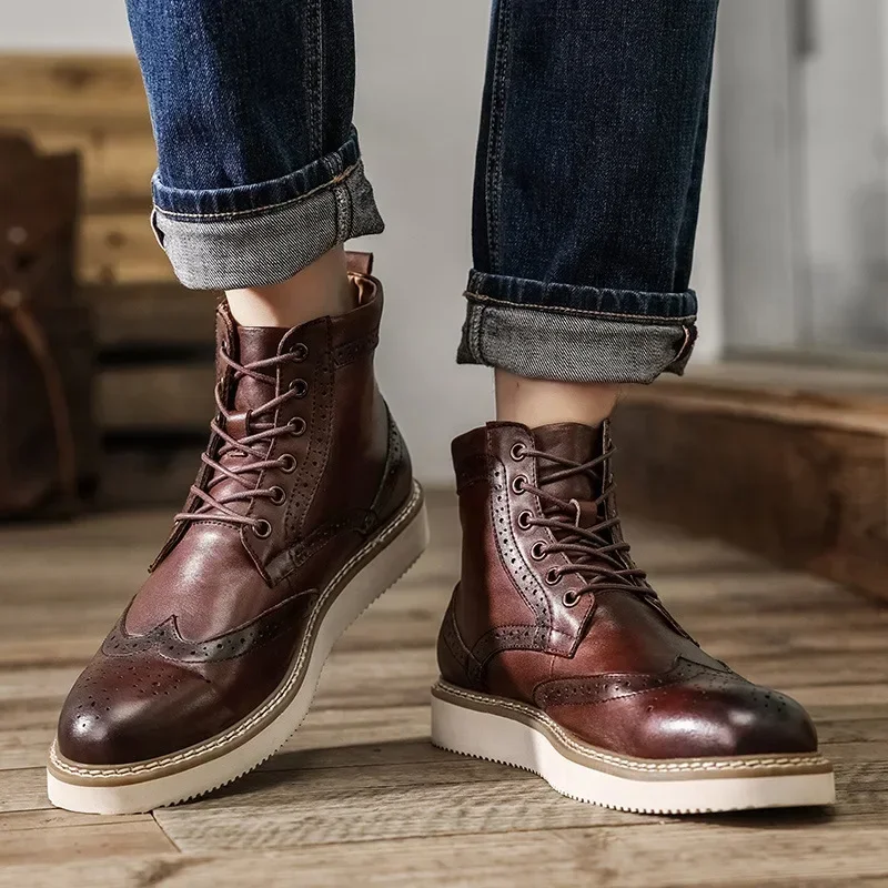 Men's Retro Tooling Bullock Carved Ankle Boots Genuine Leather Men Chelsea Boots Autumn New Men Casual Shoes
