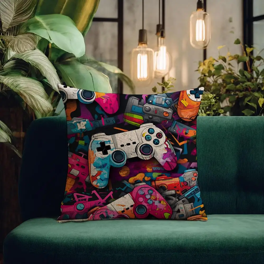 Pattern Neon Game Controller Cushion Cover Natural Linen Pillowcase Set All-in-One Decor Cushion Cover for Sofa Bedroom Chair