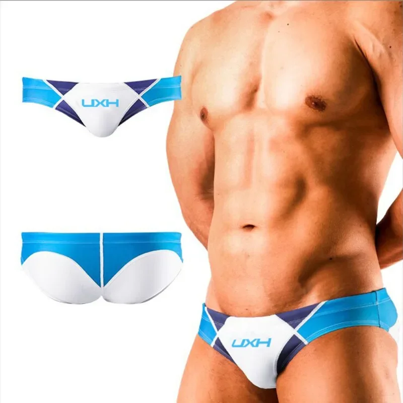 Classic 2025 men's fashion stitching briefs Japanese show beach swimming trunks close-fitting briefs UXH026
